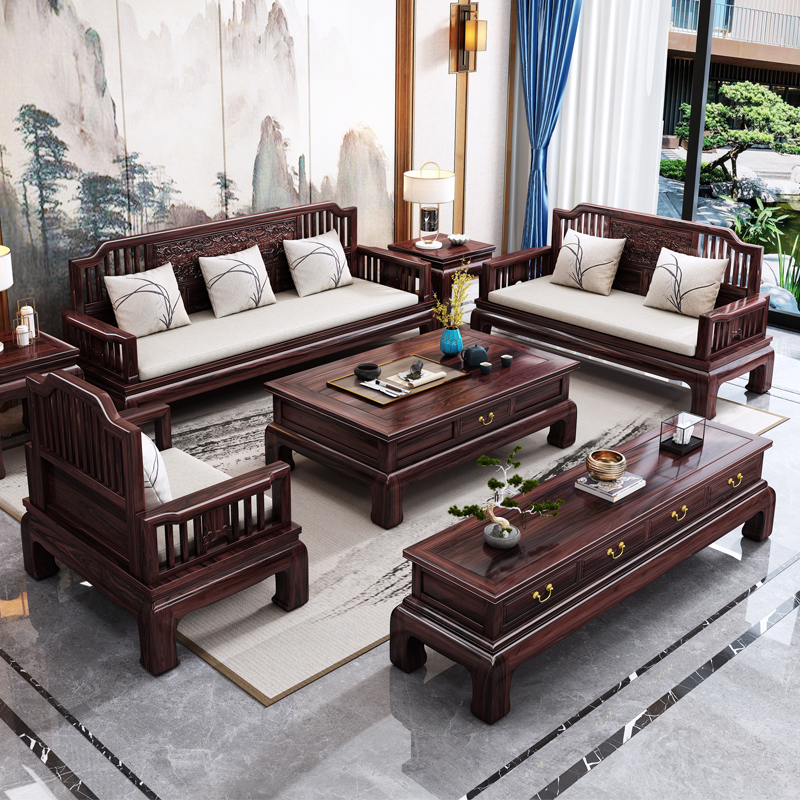 新中式全实木沙发组合小户型客厅冬夏两用仿古雕花格木家具沙发