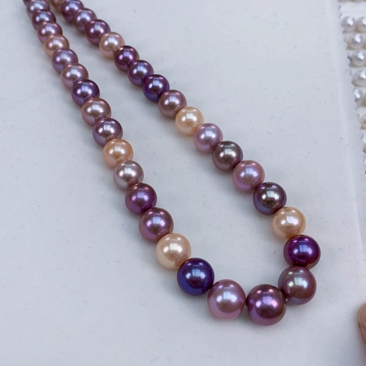 淡水珍珠颈饰银S925镶嵌11-13正圆紫色多彩珍珠项链