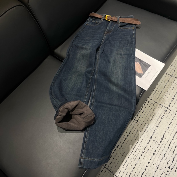 KW【复古神裤】南油新款加绒加厚高腰宽松垂感直筒牛仔裤女冬