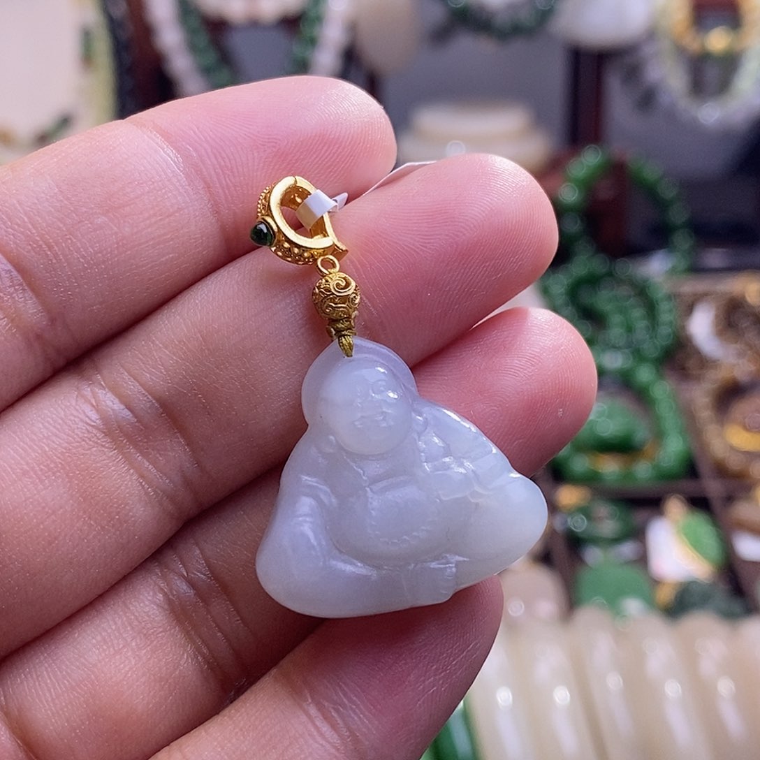 和田玉收藏级烟紫老矿料弥勒佛吊坠未镶嵌