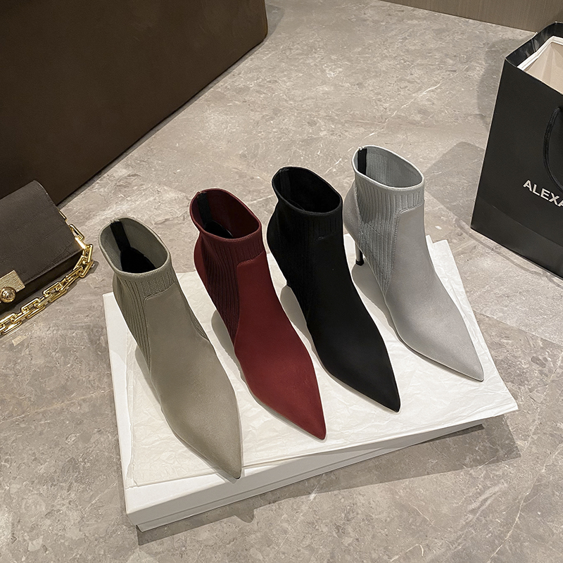 2025秋冬新款短靴女尖头弹力飞织细跟短筒袜靴女时尚百搭瘦瘦靴子