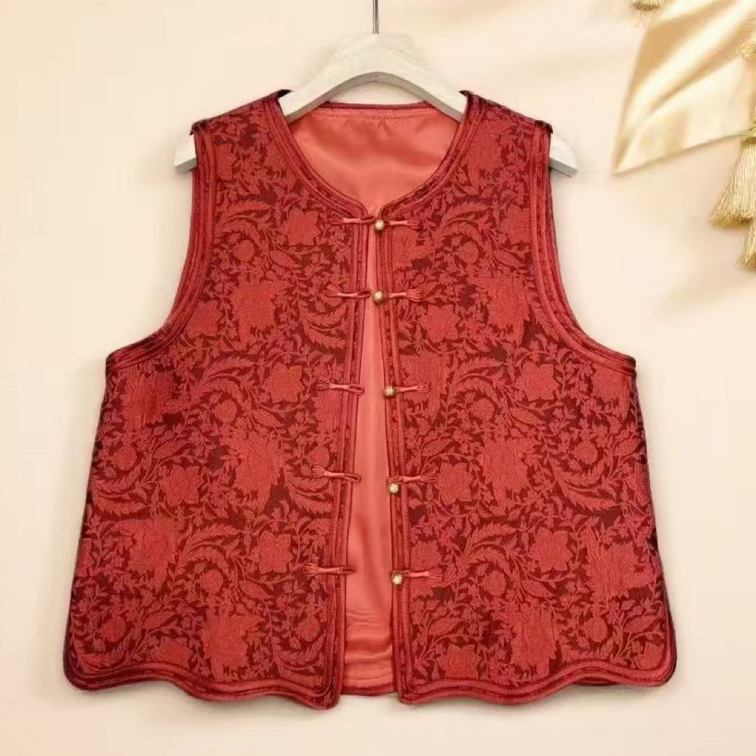 756（花边花迎春）圆领马夹新中式穿百搭无袖马甲女