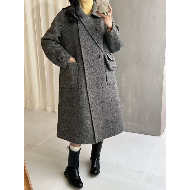 【锦衣服饰】HF 25001韩系双排扣翻领大口袋斜挎包长款羊毛大衣