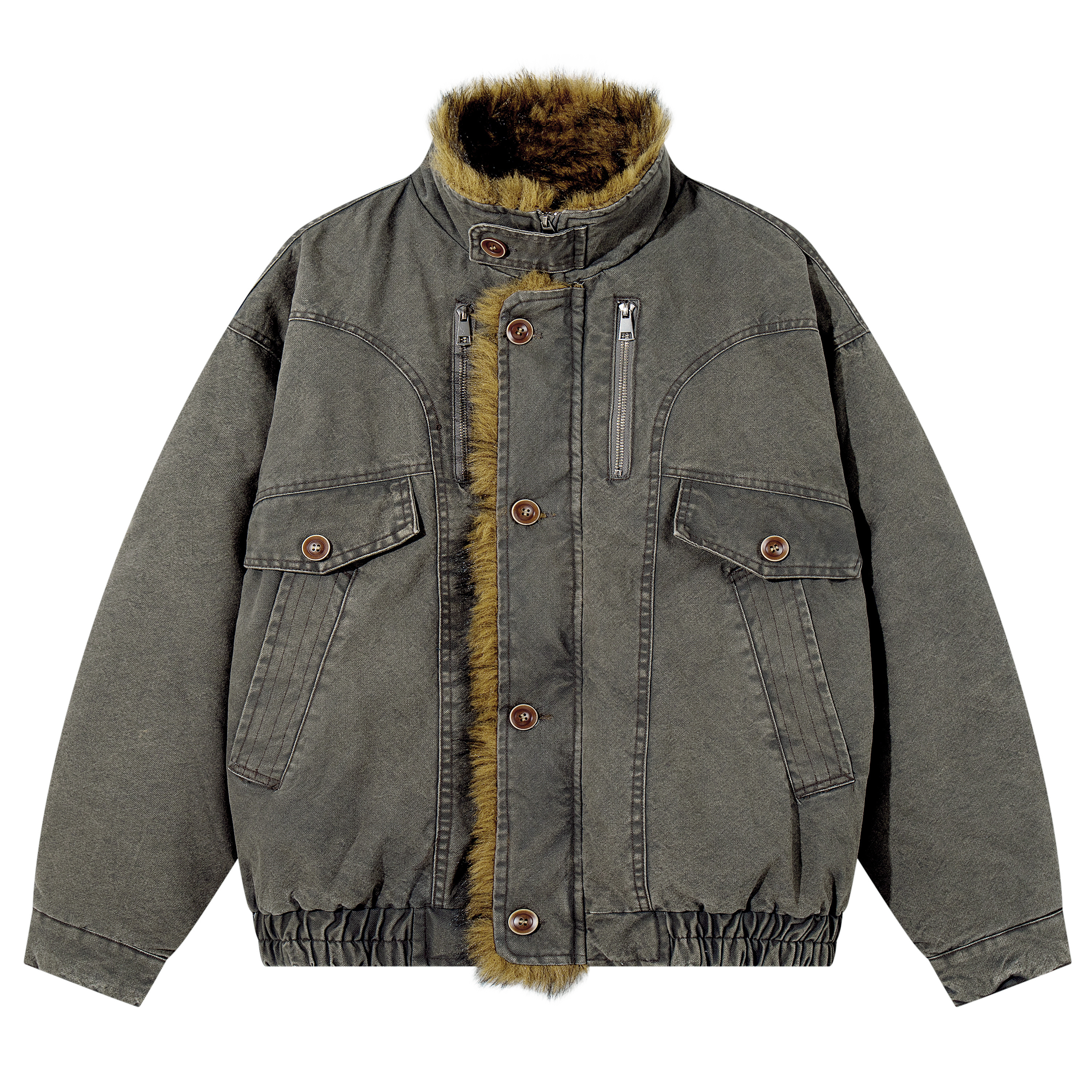 UNOTOBE 美式复古水洗做旧牛仔拼接仿貂毛设计座山雕男女棉服外套