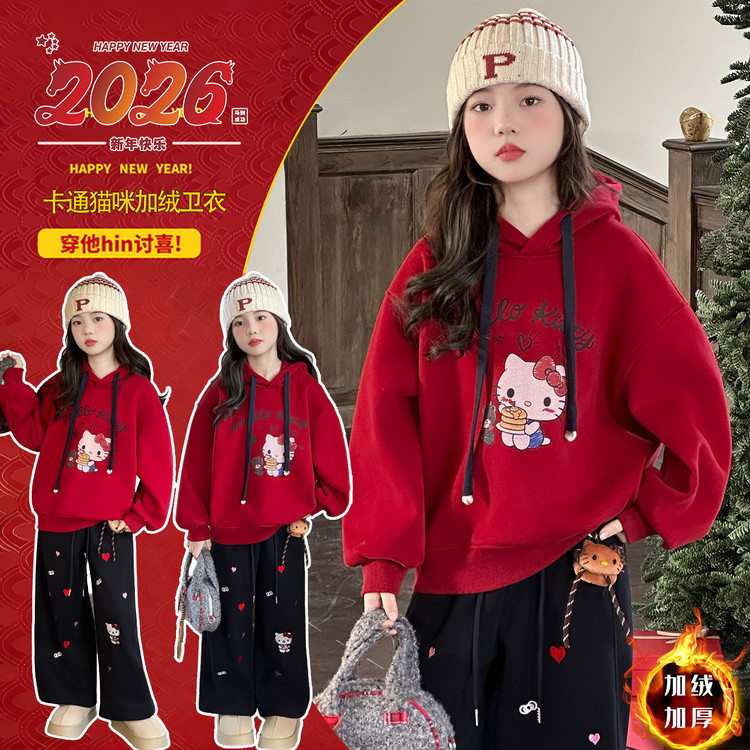 女童卡通猫韩版红色卫衣洋气冬季中大童新款加绒加厚连帽拜年服
