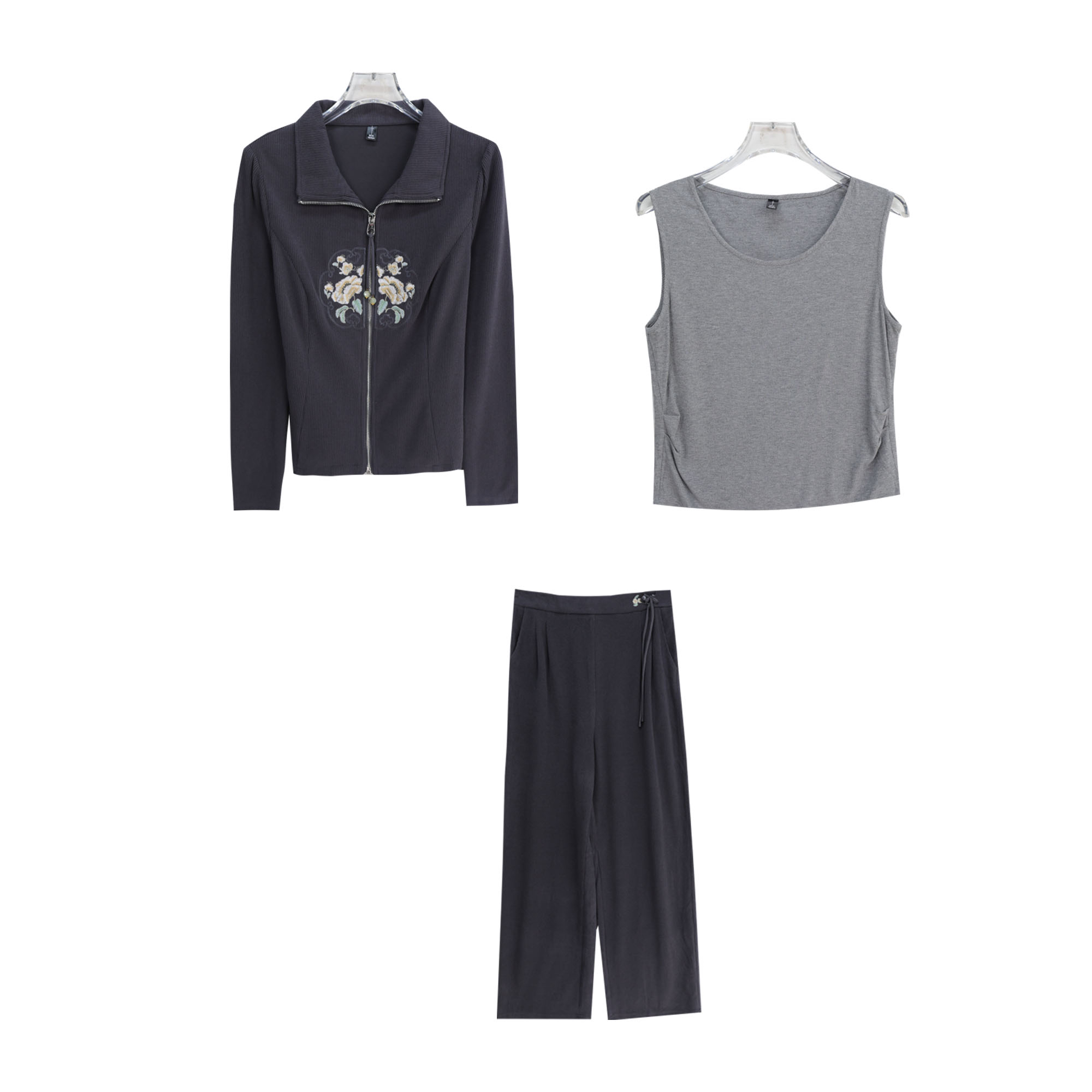 时尚新中式刺绣开衫背心气质三件套显瘦套裤S3029