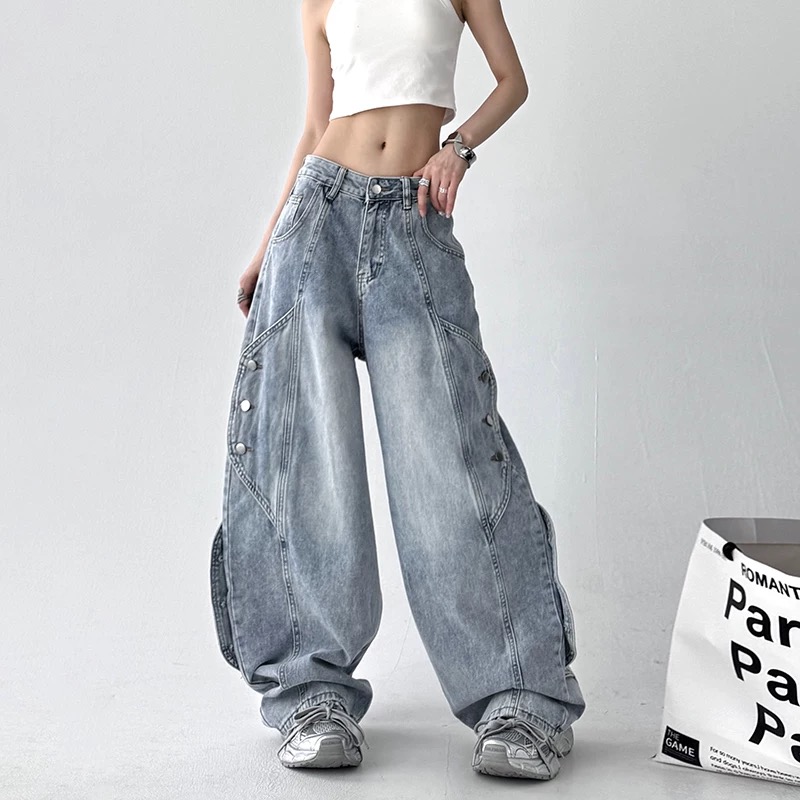 美式复古水洗痞帅工装牛仔裤男女欧美高街重磅裤排扣拼接直筒裤