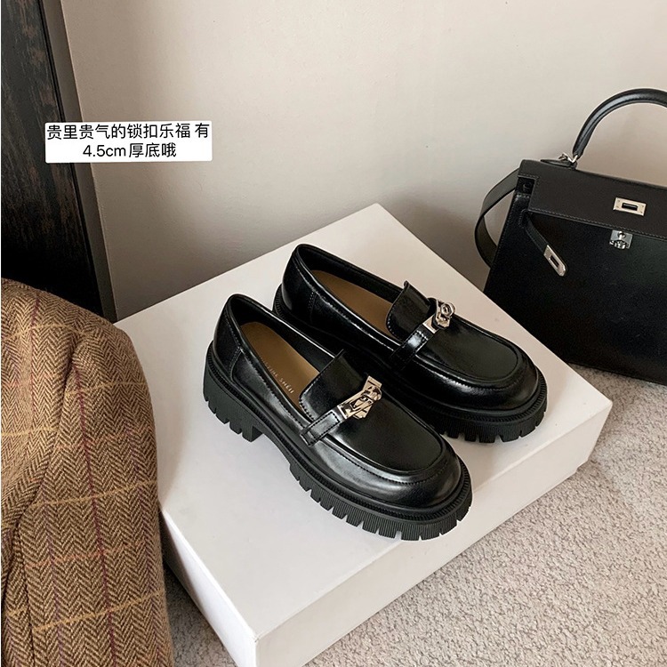 【sheii苏茵茵】凯莉小姐~圆头锁扣厚底粗跟一脚蹬单鞋女乐福鞋黑色