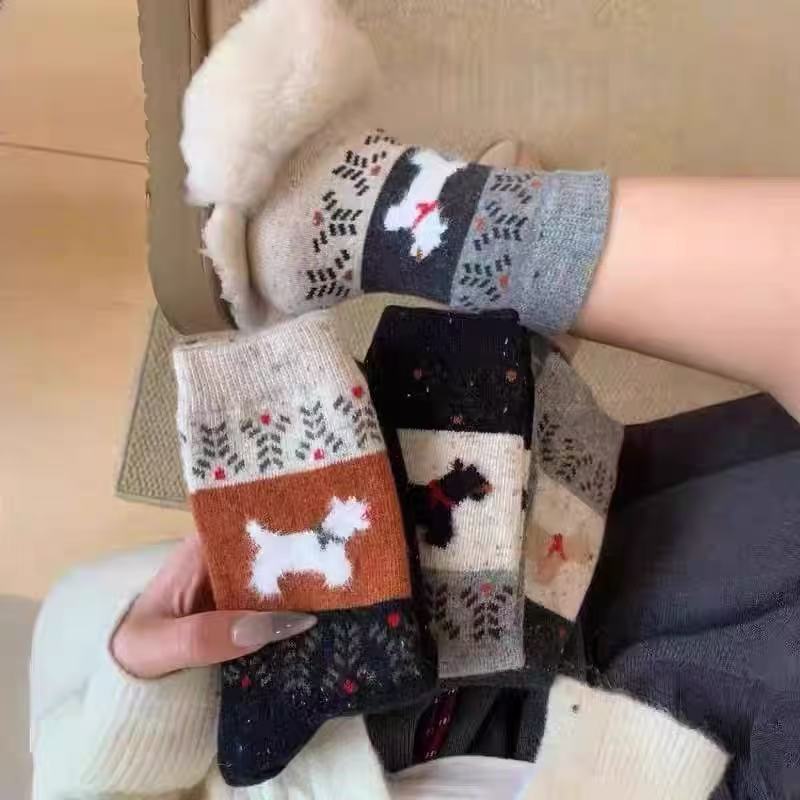 【到手五双】复古费尔岛毛绒小狗秋冬保暖中筒长袜堆堆袜可爱女袜XG