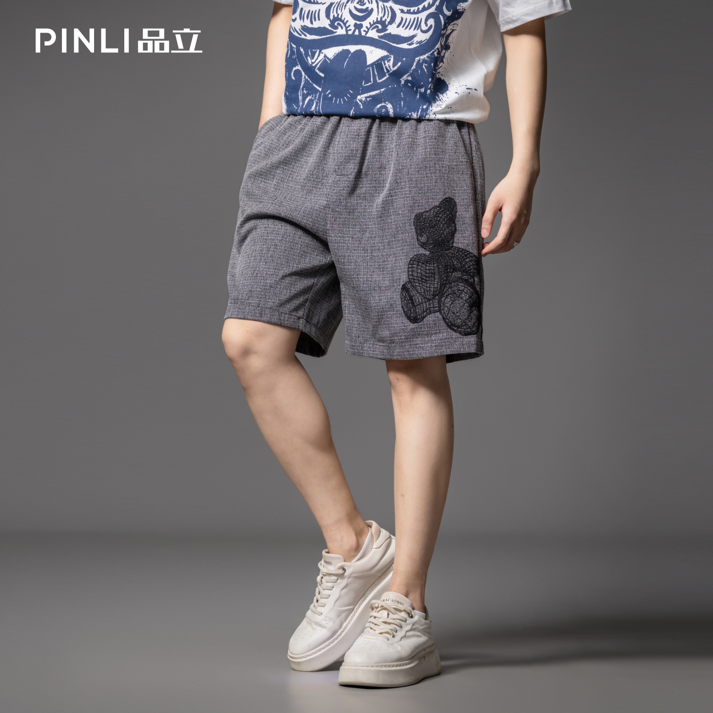 PINLI品立2025夏季新款男士直筒刺绣休闲短裤五分裤潮BG252117098