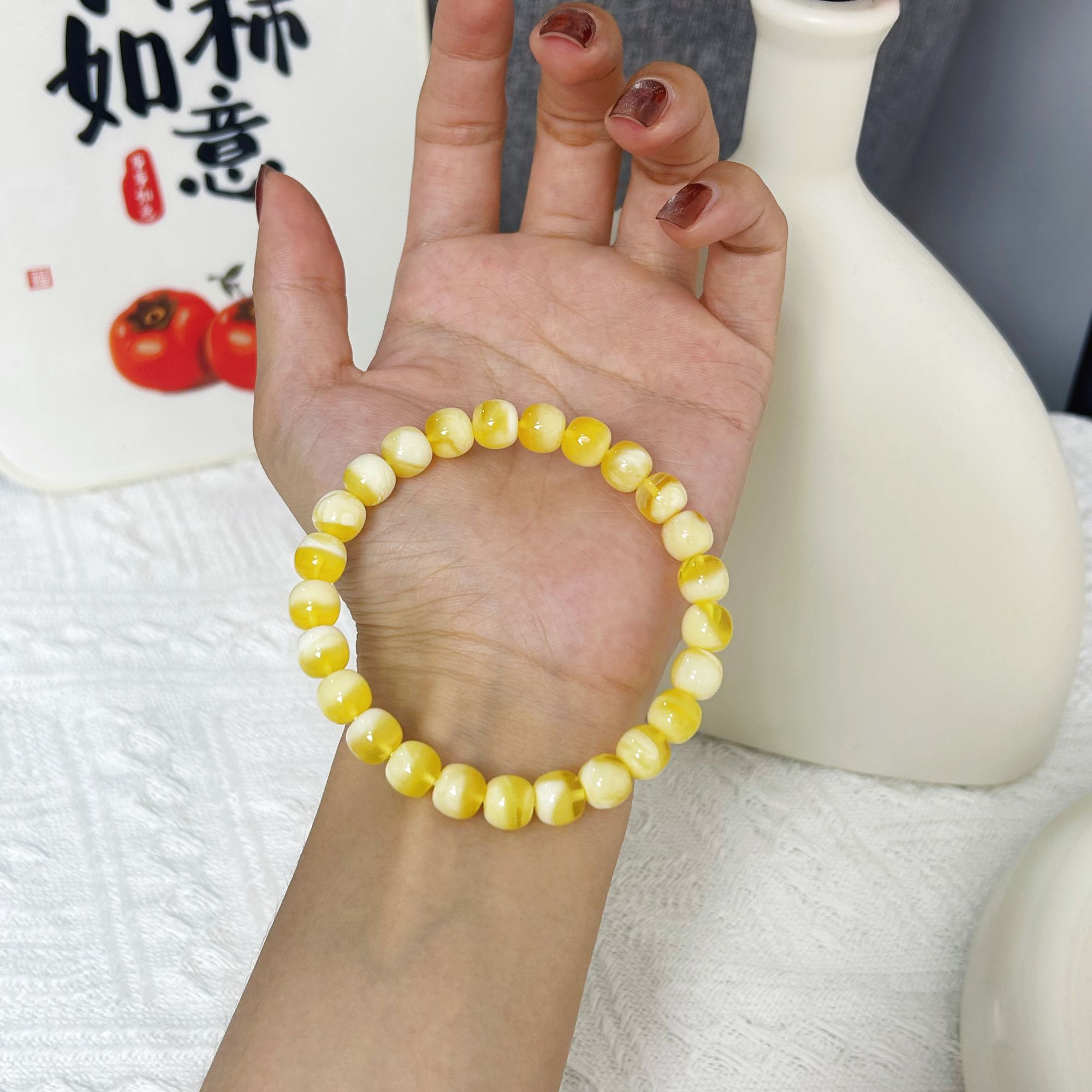 8.8mm高桩金白半盆聚宝盆蜜蜡手串 天然原矿珍品