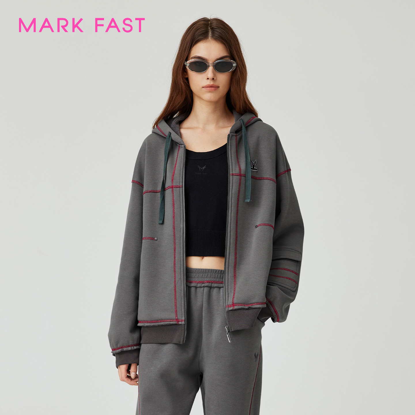 MARKFAST时尚太空灰百搭撞色宽松连帽系带拉链长袖外套M1FGU14440