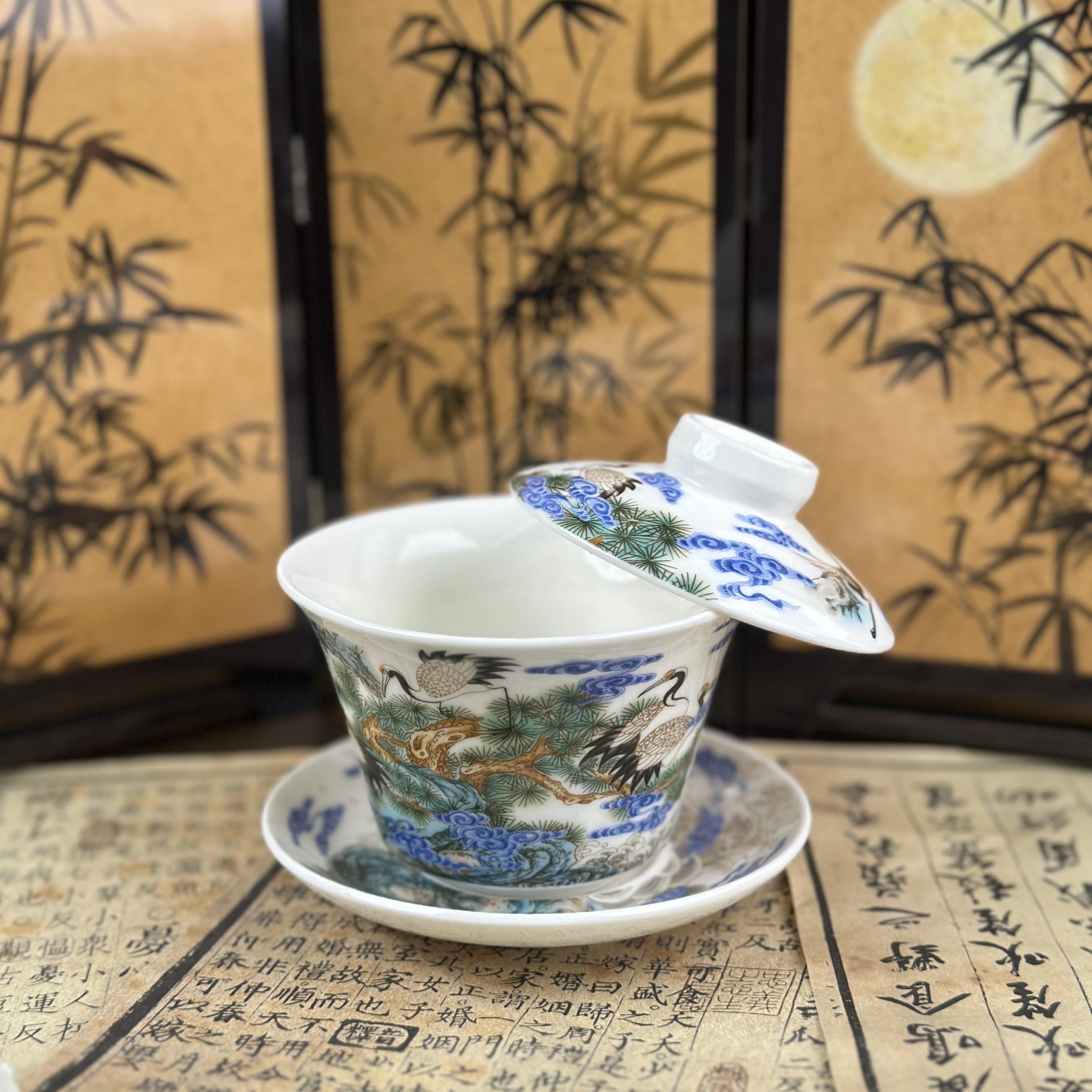 白瓷-松鹤延年三才盖碗@ZHZ076