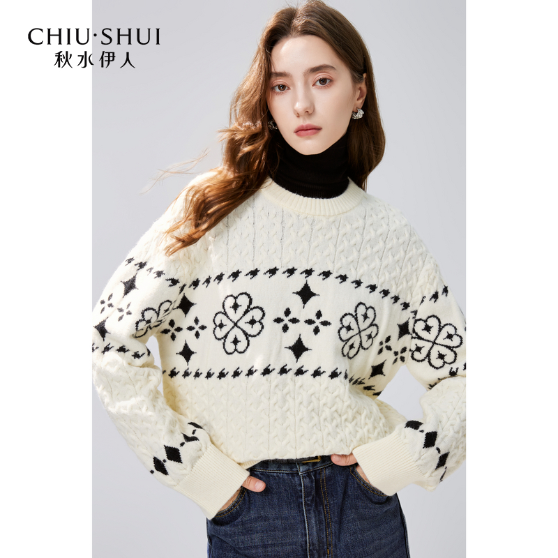 【小余专属】秋水伊人文艺风提花圆领针织衫2024年冬季新款女装复
