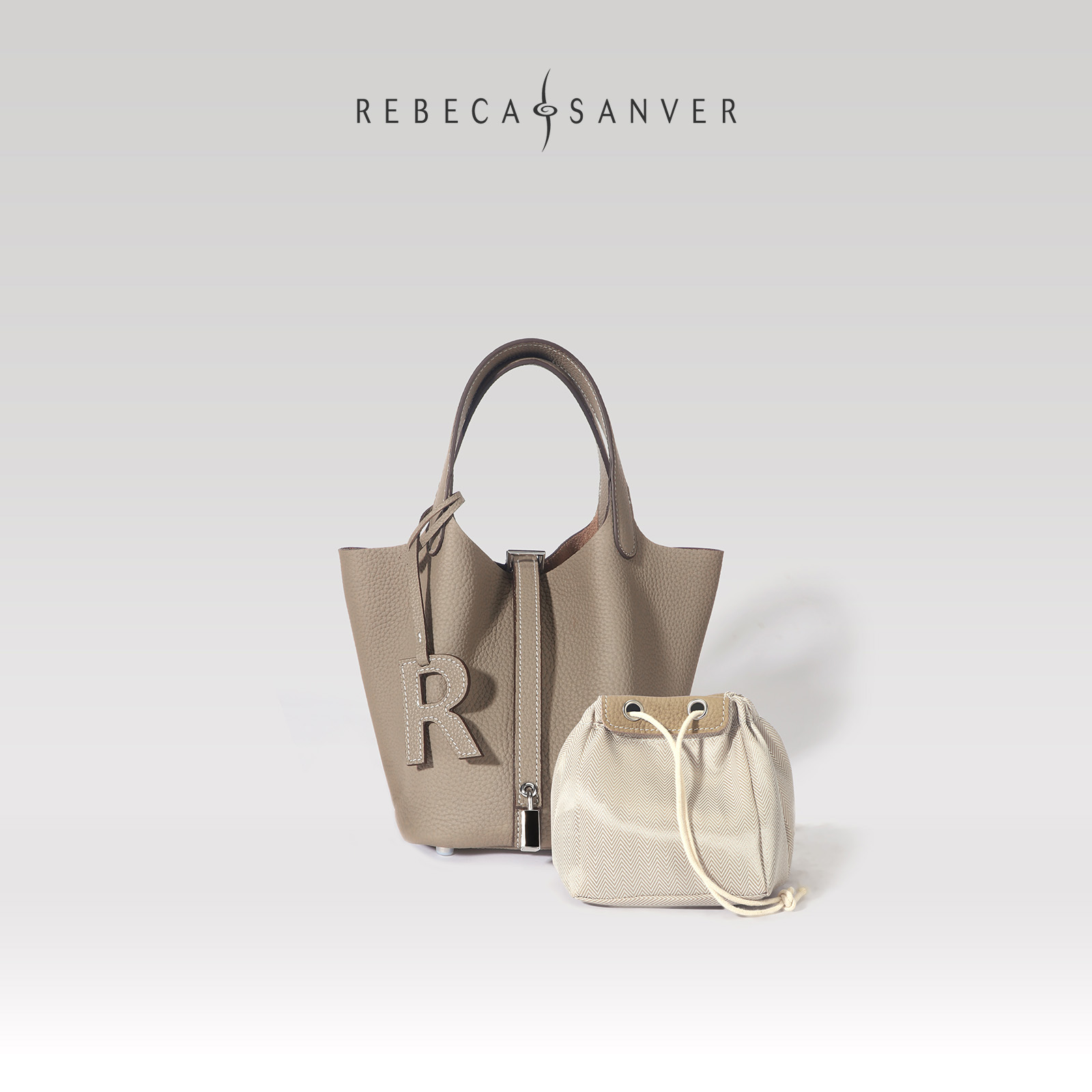 REBECA SANVER 菜篮子水桶包头层牛皮单肩手提斜挎字母包包