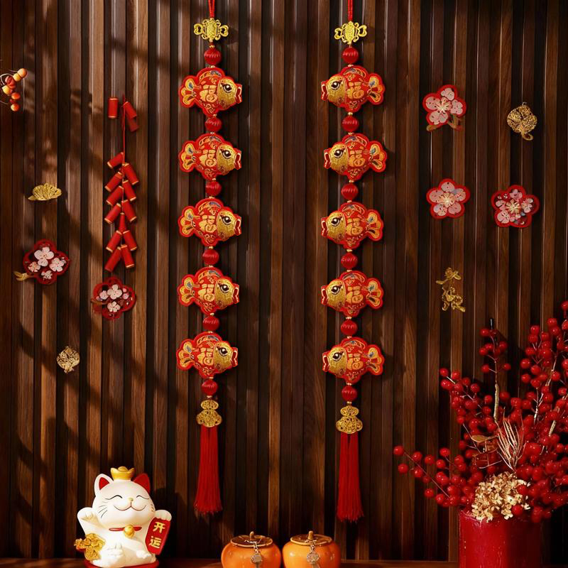 2026新款新年灯笼流苏福鱼挂饰室内客厅车载挂饰喜庆五连鱼挂件
