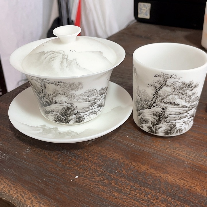 冰种素烧手绘三才盖碗