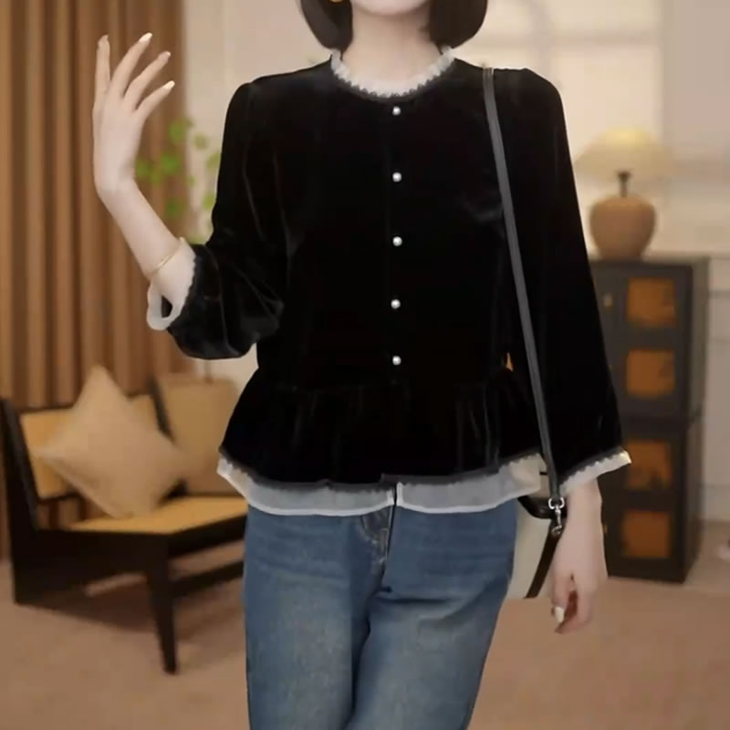 【48小时发货】新中式荷叶边收腰上衣女装2025秋季新款显瘦丝绒衬衫