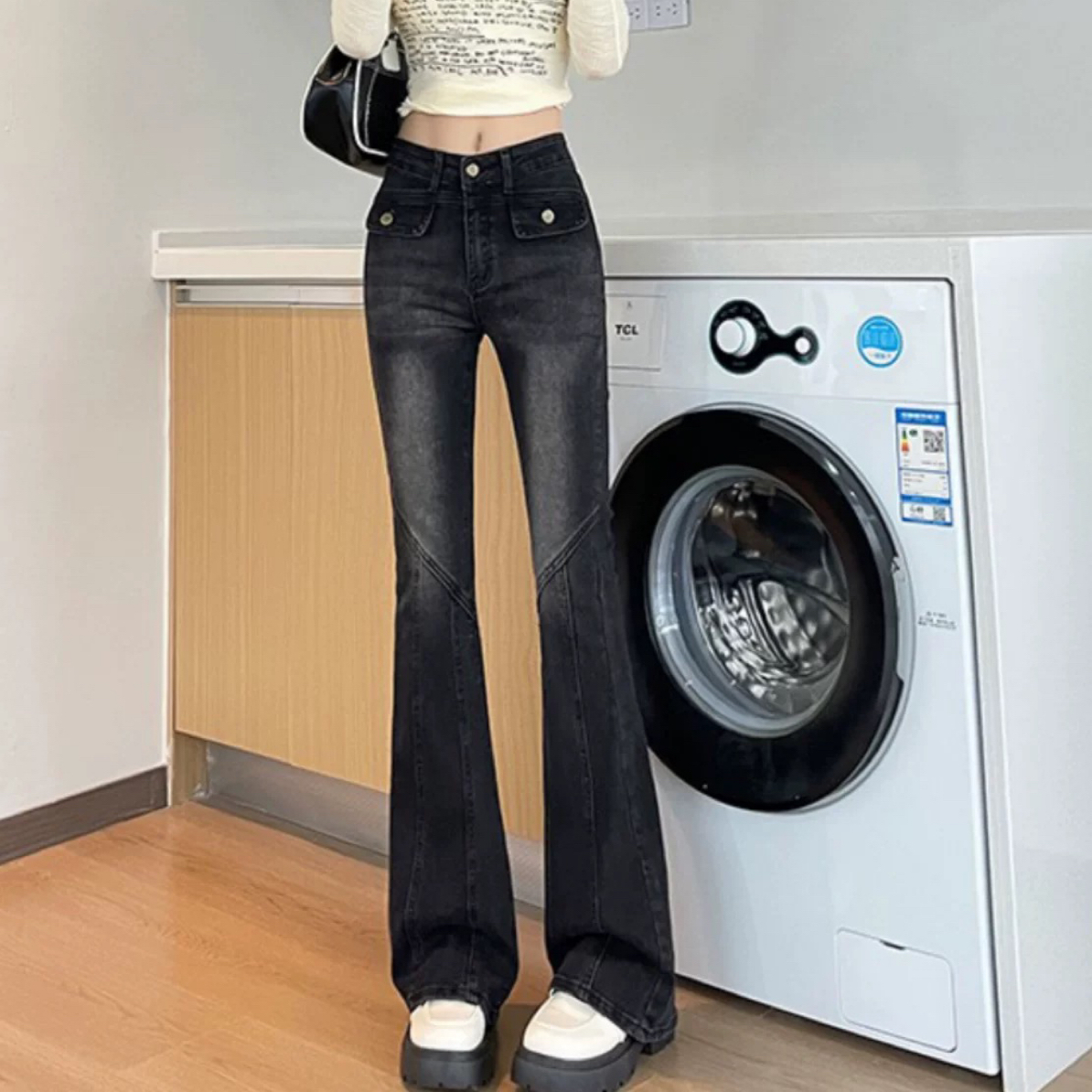 7023#黑色微喇牛仔裤女高腰弹力修身显瘦时尚马蹄喇叭裤