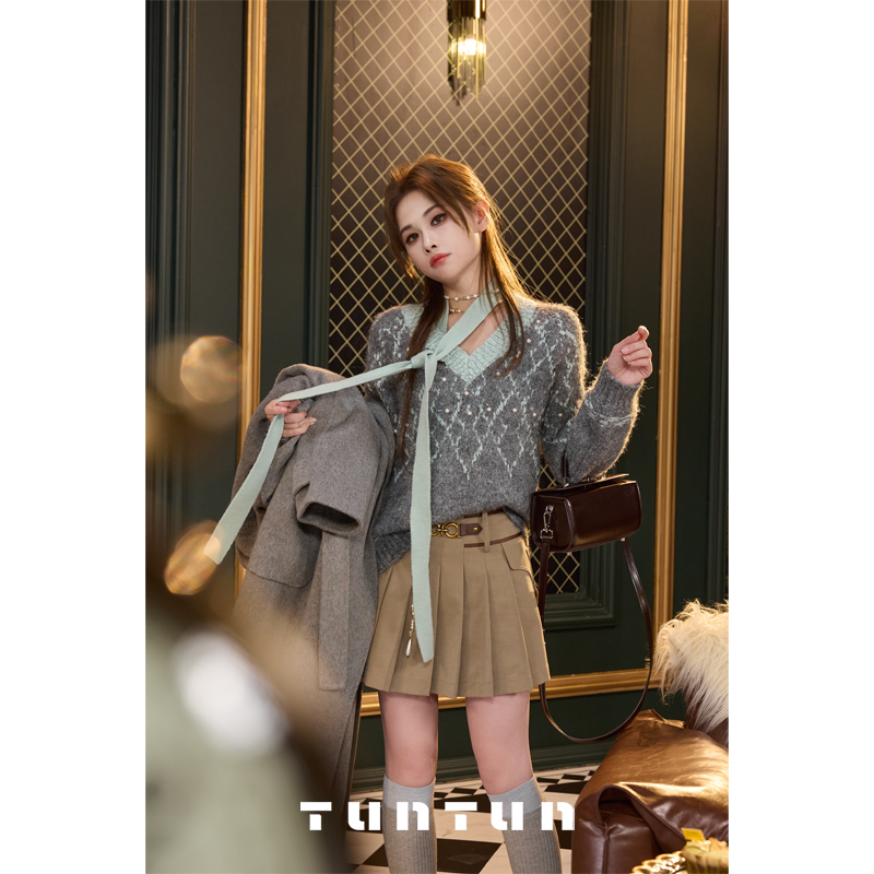 吞吞TUNT【糯糯青山】田园森系 菱格提花珍珠飘带毛衣