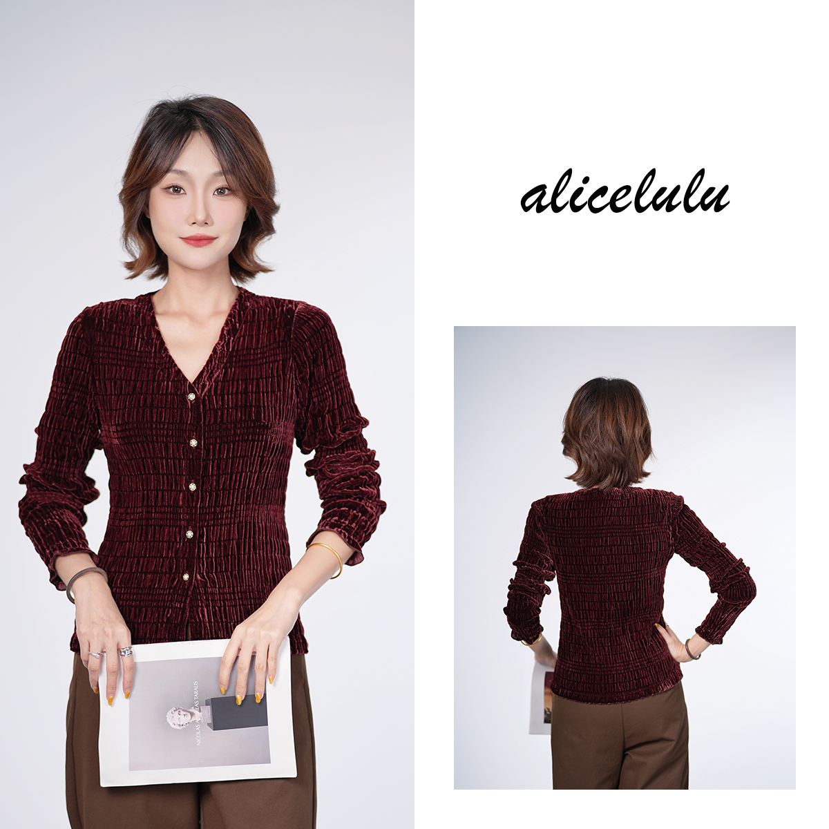 [alicelulu]法式优雅显瘦衬衫玫瑰色压褶丝绒上衣S2144643E