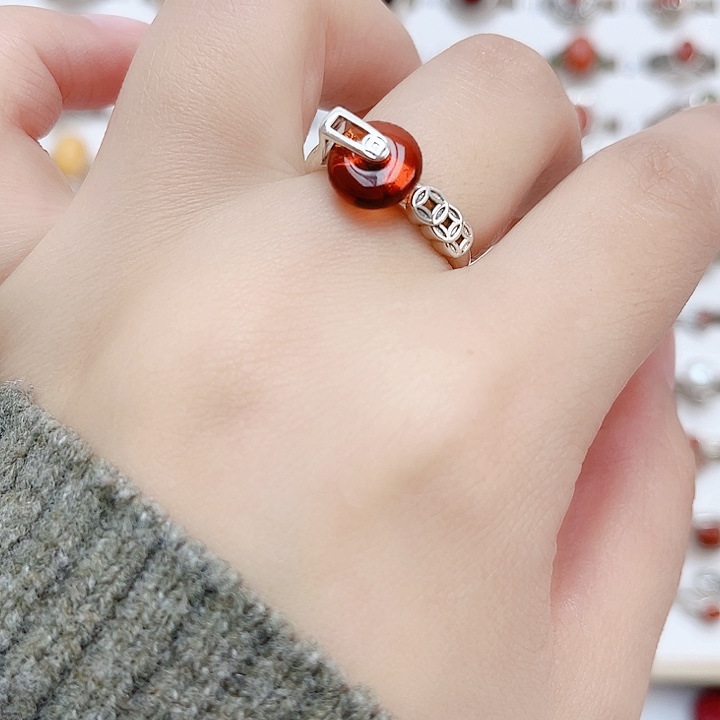 血珀戒指银S925镶嵌天然