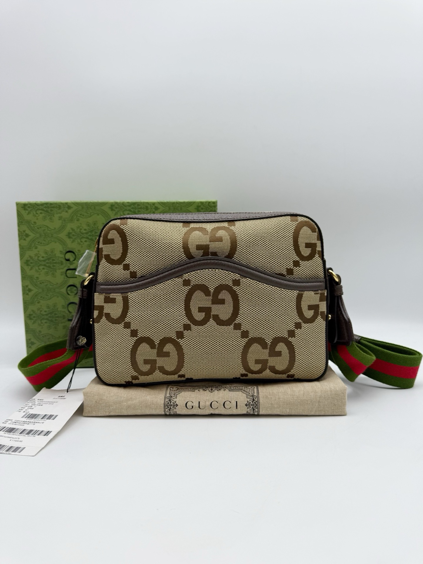 99新 GUCCI/古驰 老花帆布拼皮相机包 单肩斜挎包