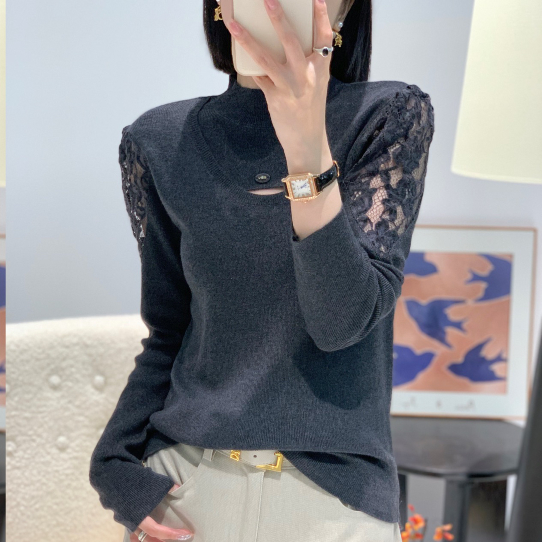 高品质蕾丝拼接袖镂空半高领毛衣1927