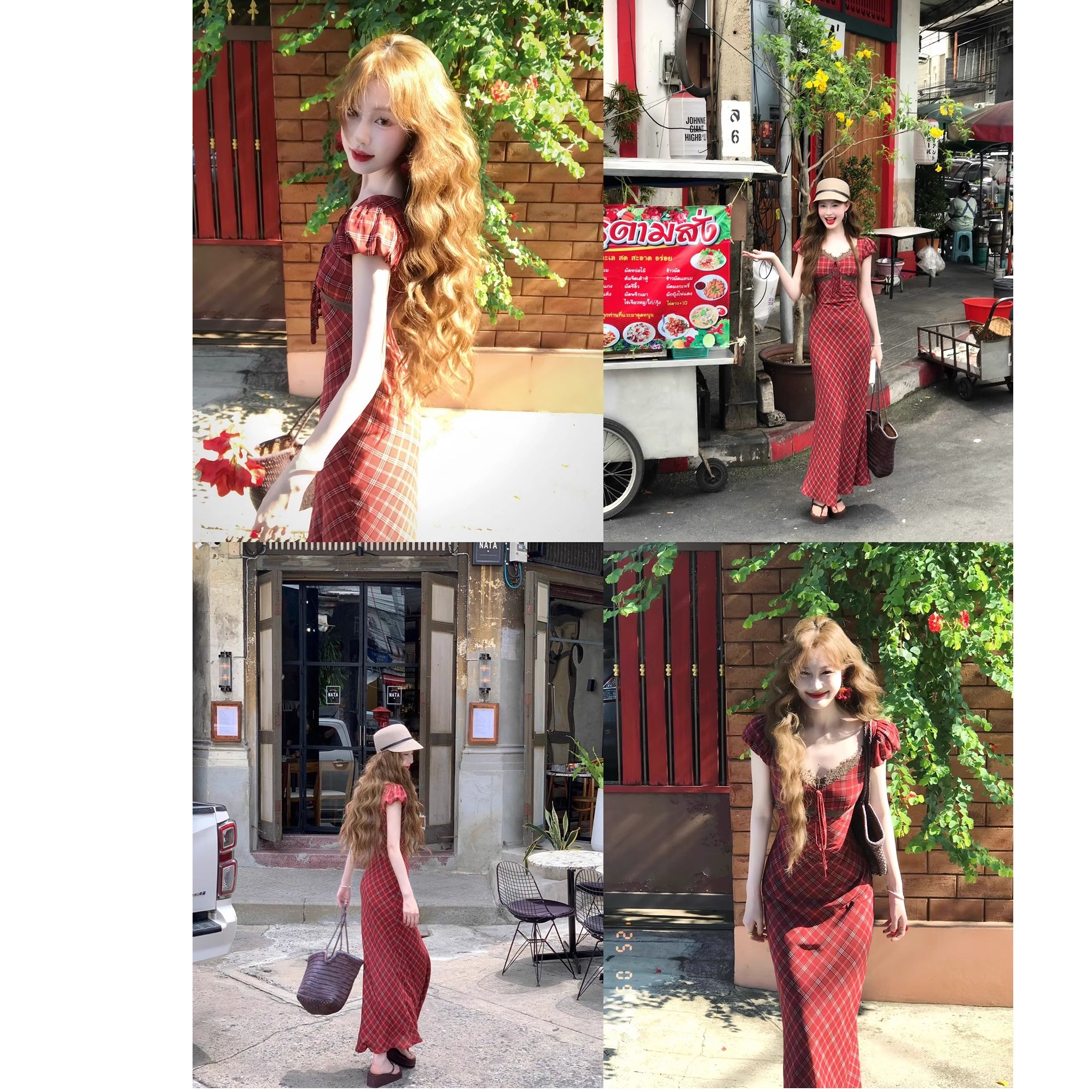 【蕾丝格调】复古泡泡袖连衣裙格纹蕾丝拼接夏季显瘦时尚长裙