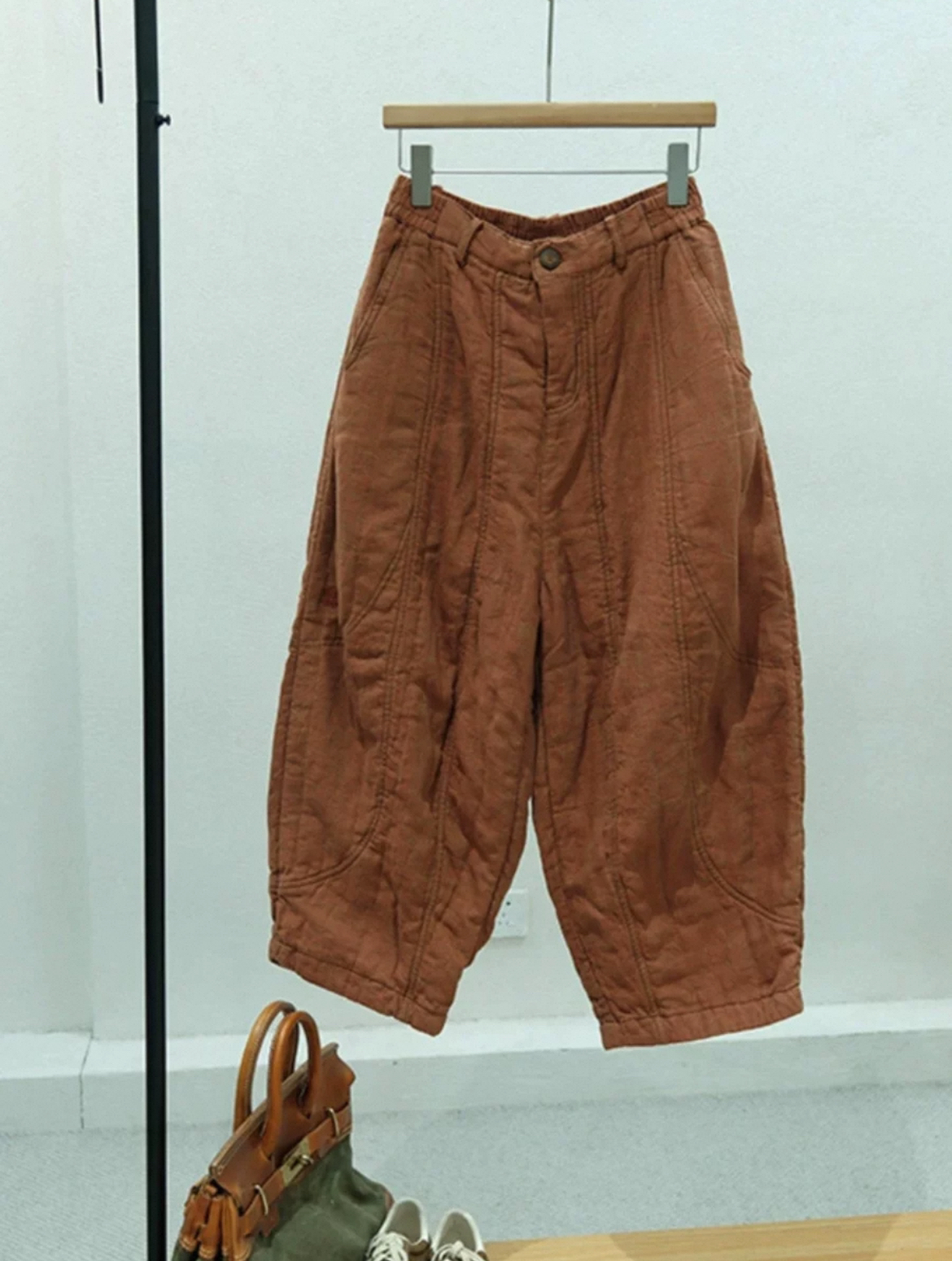 沐布衣原创复古炒色条绒双层宽松休闲棉麻九分裤