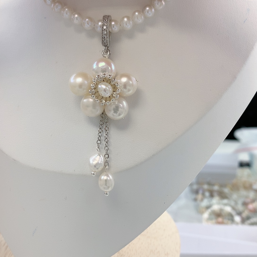 银S925镶嵌耳饰淡水珍珠白花流苏