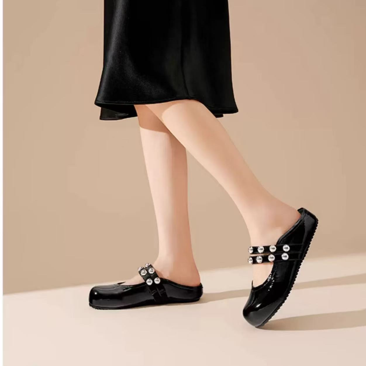 C6696 黑色  低跟包头拖鞋女2025新款时尚凉拖鞋