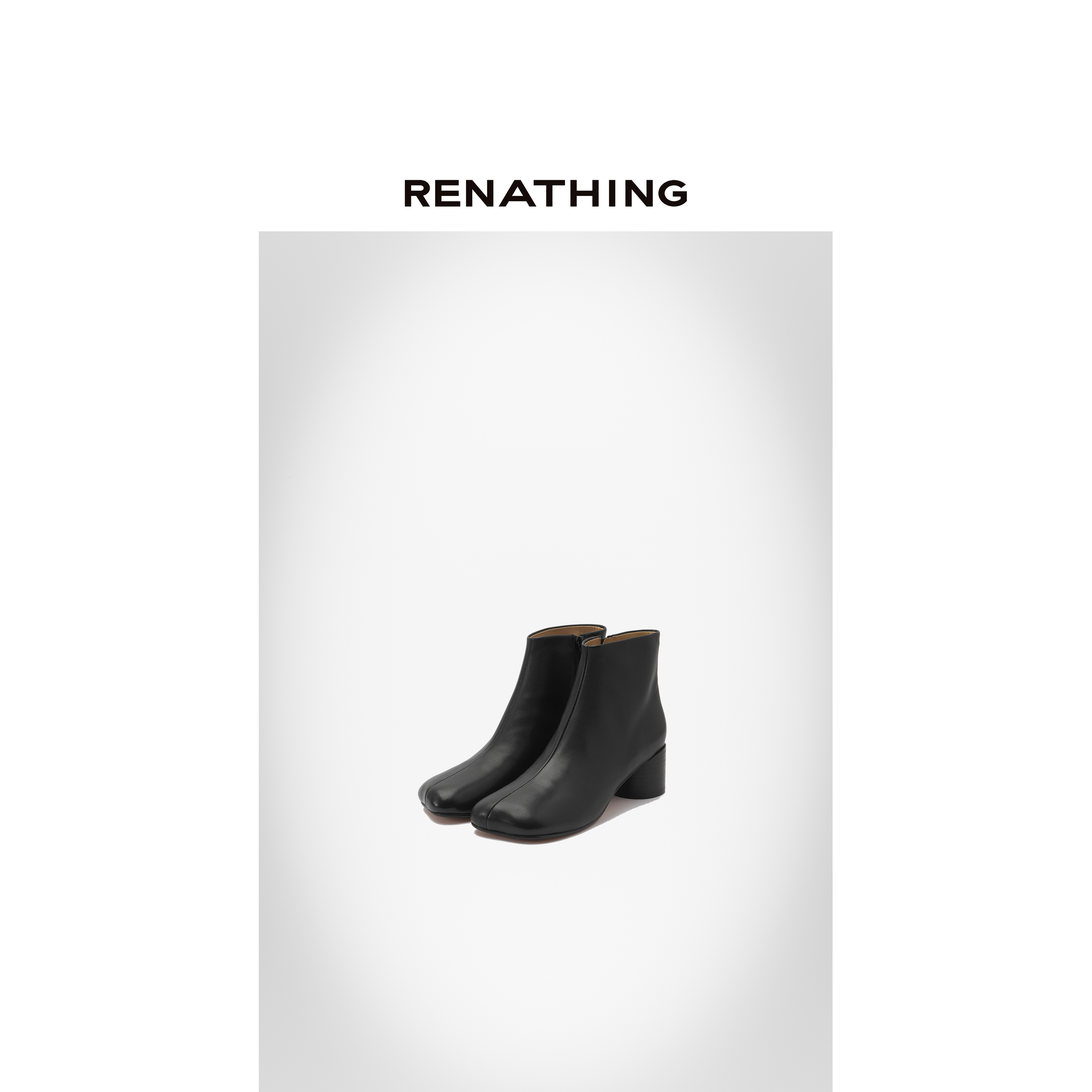 【RENATHING】黑色皮革粗跟踝靴