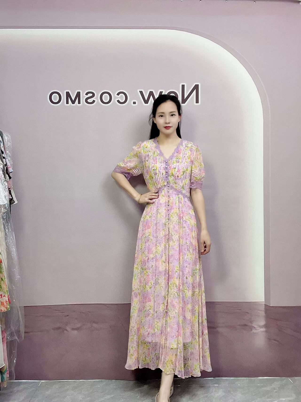 【深圳南油沐溪女装】新款夏季桑蚕丝法式碎花气质显瘦长款连衣裙