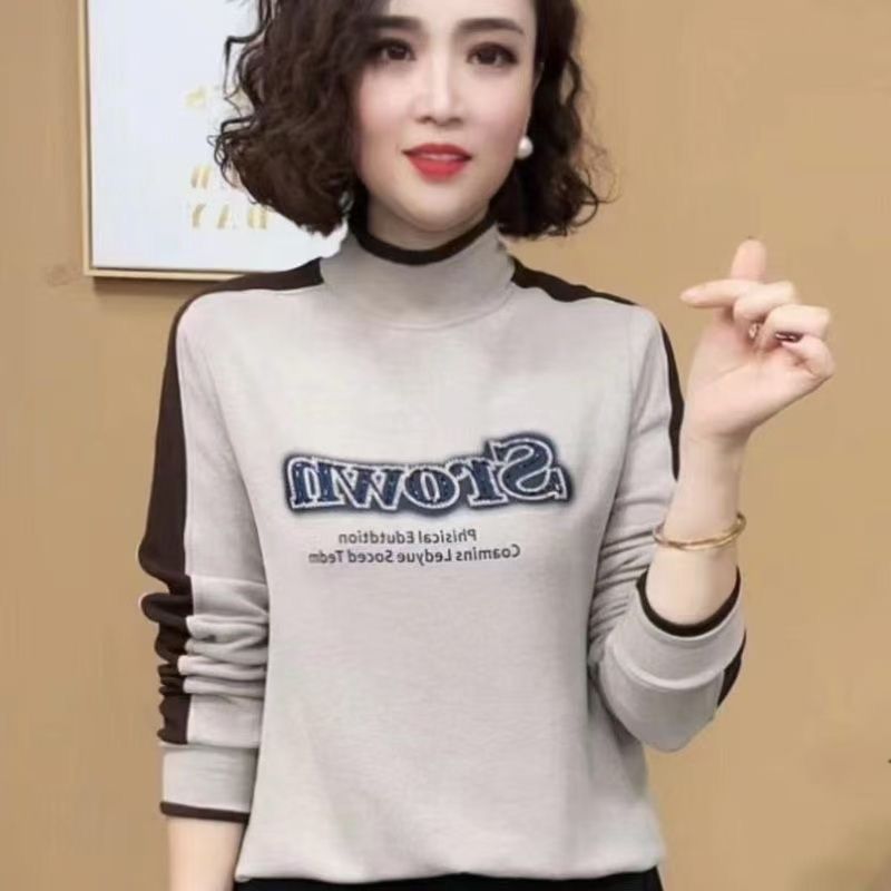 2025秋冬新款时尚半高领双面德绒烫钻长袖打底衫女洋气质上衣T恤