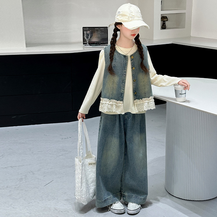 女童牛仔马甲三件套2025春装新款儿童韩范潮童装小女孩时尚