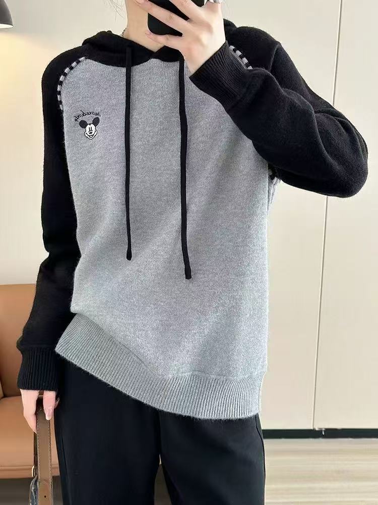 D调秋季新款女装休闲拼色卡通长袖针织毛衣连帽女士上衣0710-19