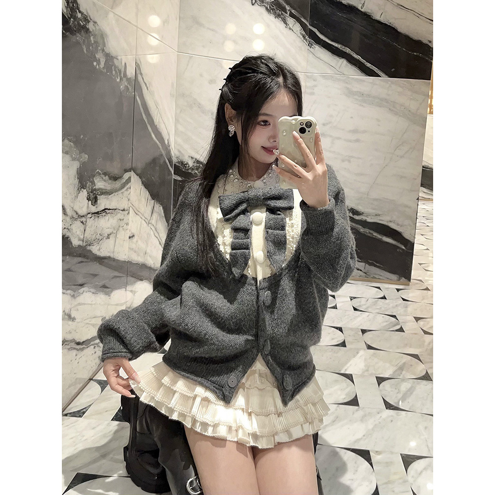 【DÉ MYSTÈRE】拉家25冬季新款蝴蝶结拼接假两件针织外套GFC250613