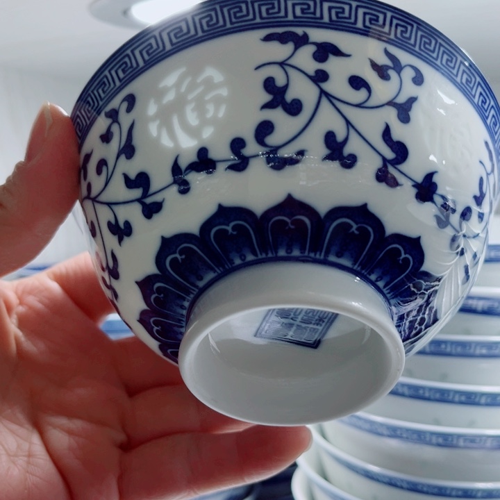 青花玲珑5寸饭碗五福缠枝莲