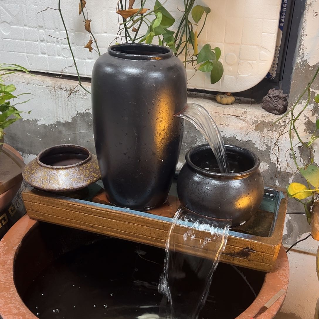 紫砂花盆贵***典流水罐带23瓦泵弯头软管带水盆带小飞碟盆