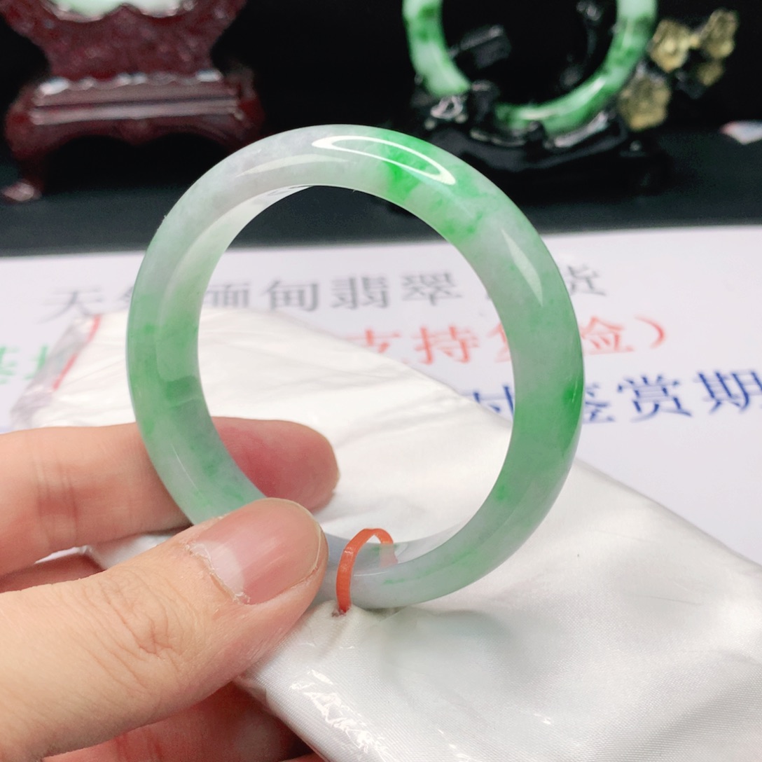 翡翠手镯未镶嵌52 圈口天然缅甸翡翠A货时尚女款手镯