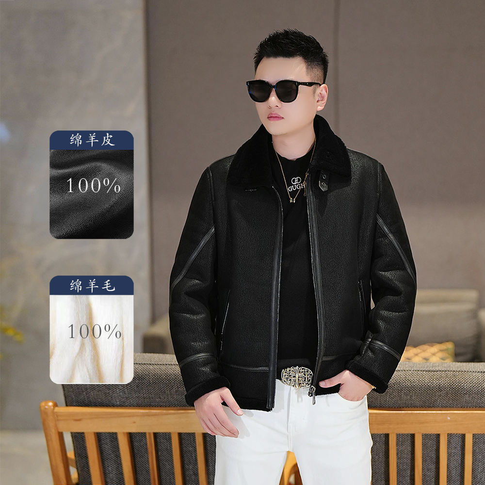 男士绵羊毛真皮皮夹克冬季新款潮流百搭皮毛一体翻领加厚休闲外套