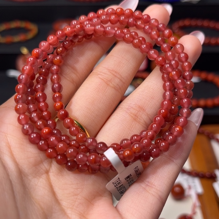 南红玛瑙未镶嵌手链满玫红小米珠多圈4mm