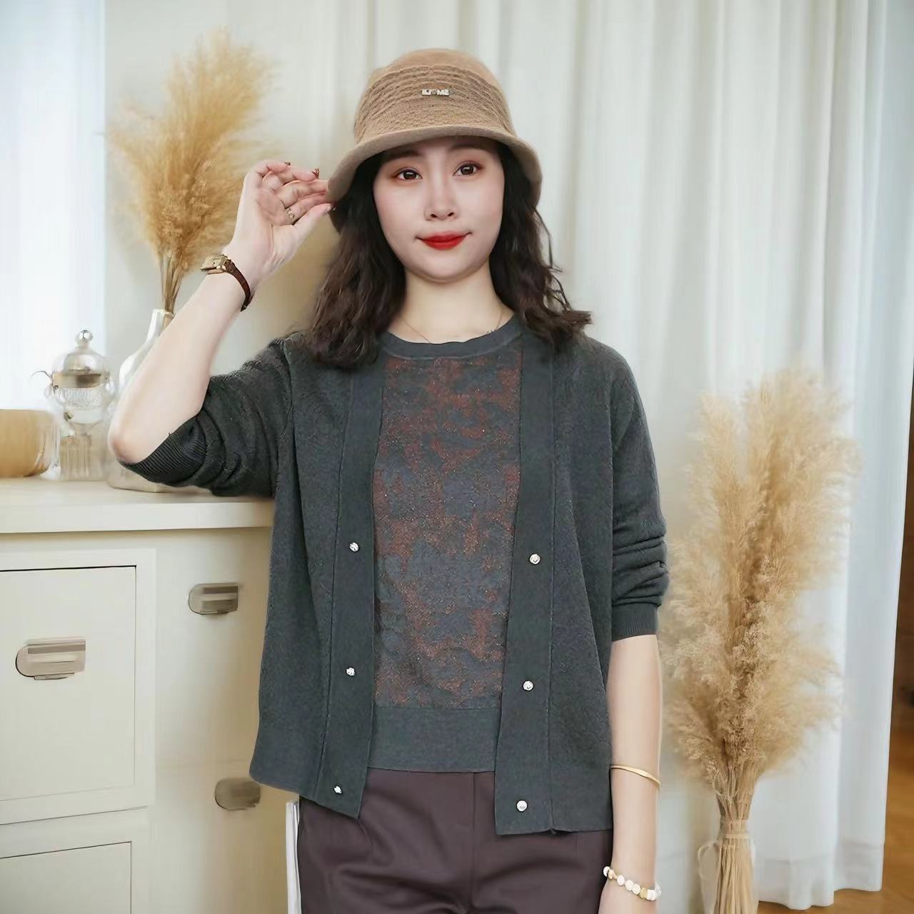 设计款针织开衫女2025春秋薄款毛衣外套宽松慵懒风外搭上衣3369