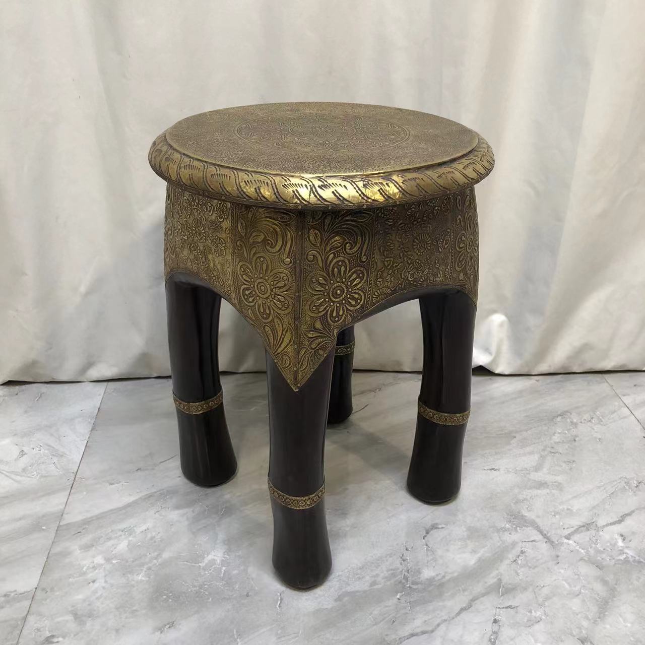 博瑞奇进口黄檀木嵌铜凳象腿四脚换鞋凳圆形客厅矮凳（09137）