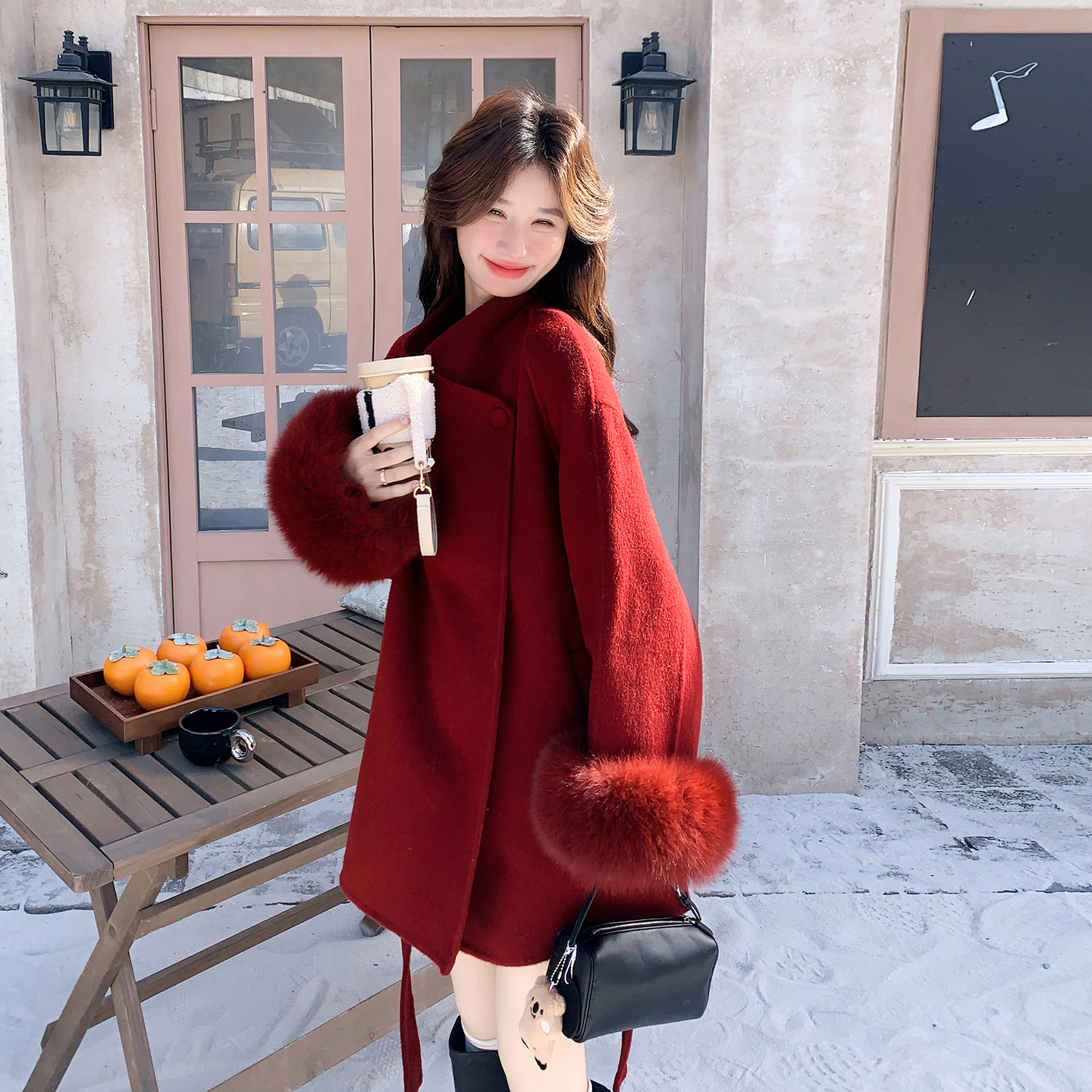 红色气质名媛千金高级感双面呢外套女2025冬季新款袖口狐狸毛大衣