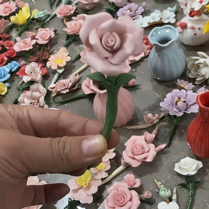 瓷片纯手工陶瓷花摆件瑕