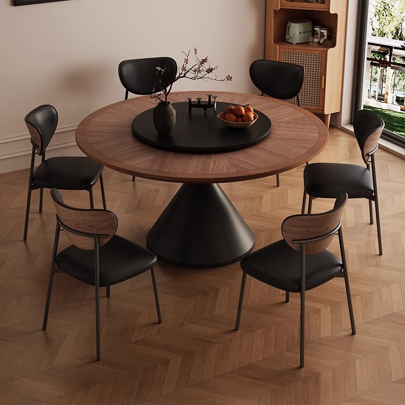 胡桃色实木餐桌椅组合复古中古风拼花圆形家用小户型法式圆桌饭桌