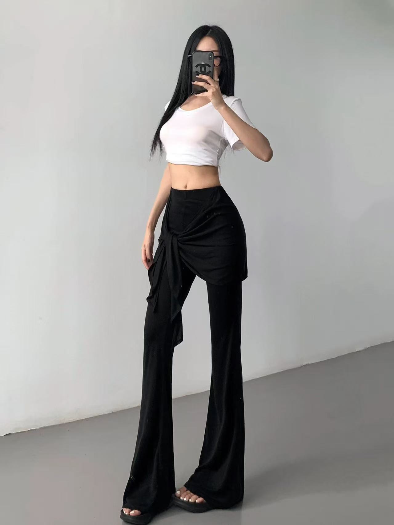 AMT-假两件系带微喇瑜伽裤女春秋显瘦喇叭裤遮臀屁帘休闲长裤-12