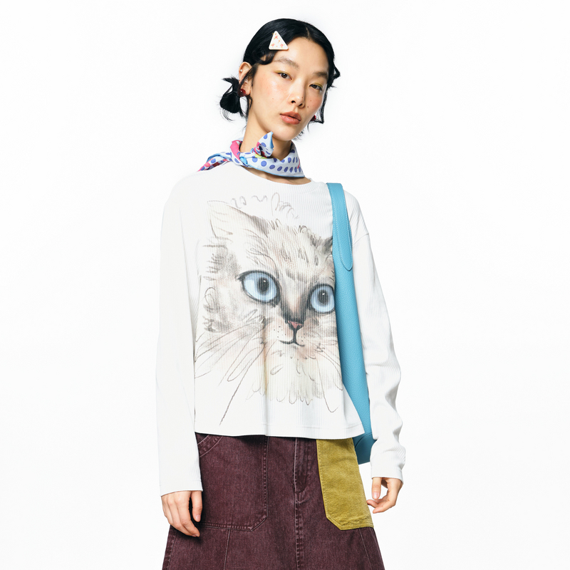 MOVEUP幻走2025秋季新款.FUN圆领猫脸印花针织短款T恤女3EWQ10533